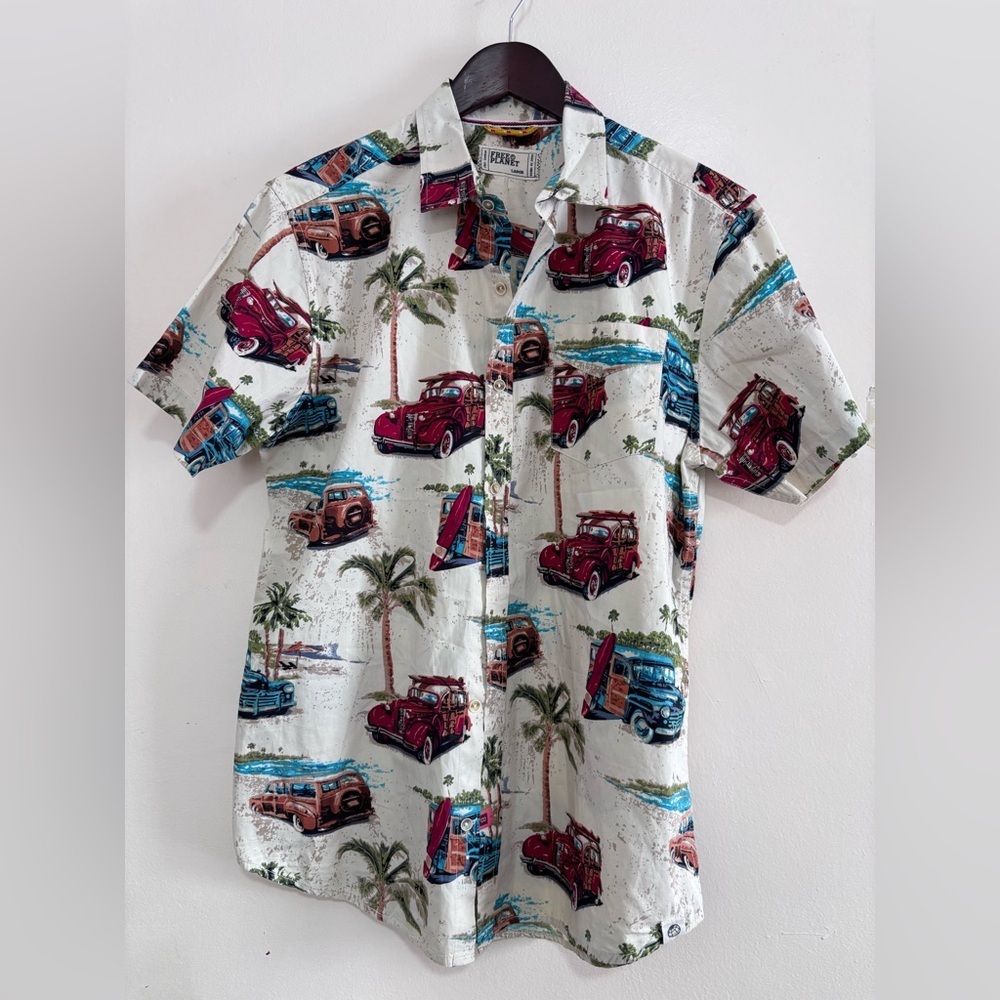 Free Planet Men's Classic Car Print Shirt - White, Red, Blue